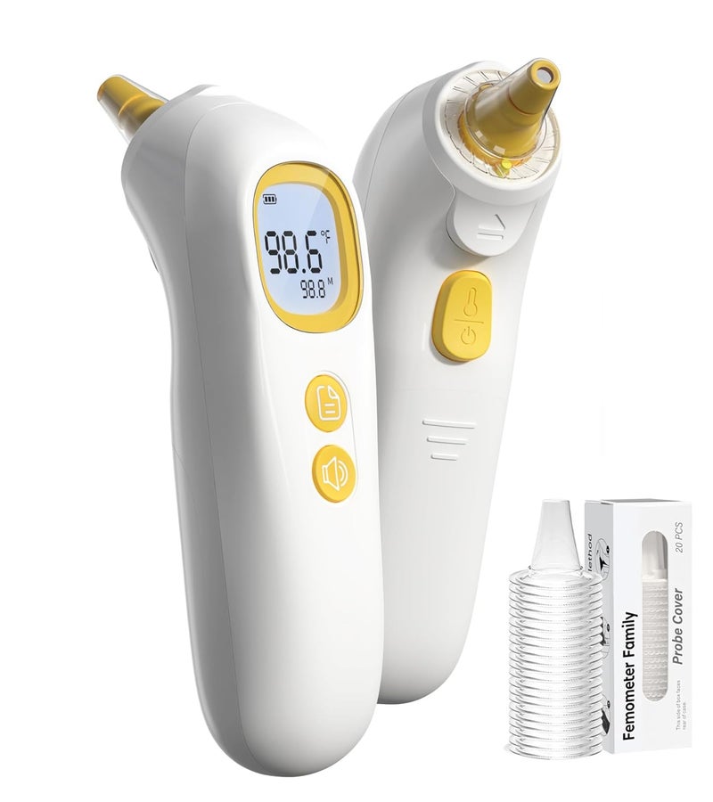 Femometer ميزان حرارة للأذن، ميزان حرارة دقيق للغاية للأطفال والبالغين والصغار، 32 ذاكرة استرجاع، 1 ثانية سريعة، 3 ألوان إنذار للحمى مع وضع كتم الصوت، 21 غطاء مسبح قابل للتخلص منه - Image 1